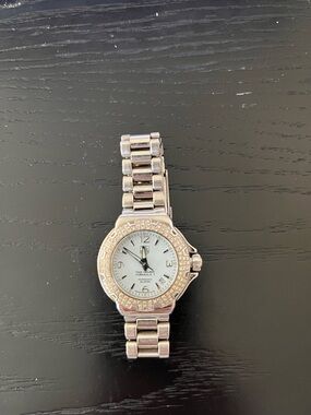 Tag Heuer Silver Watch with White Dial and Crystal-Trim Bezel